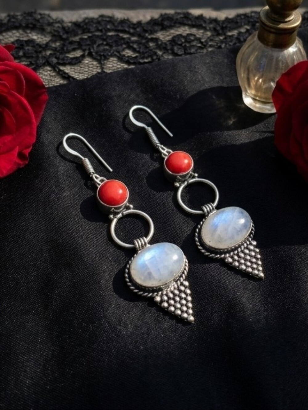 925 Sterling Silver Whimsigoth Moonstone and Red Coral Drop Earrings 2.5" - Picture 16 of 16